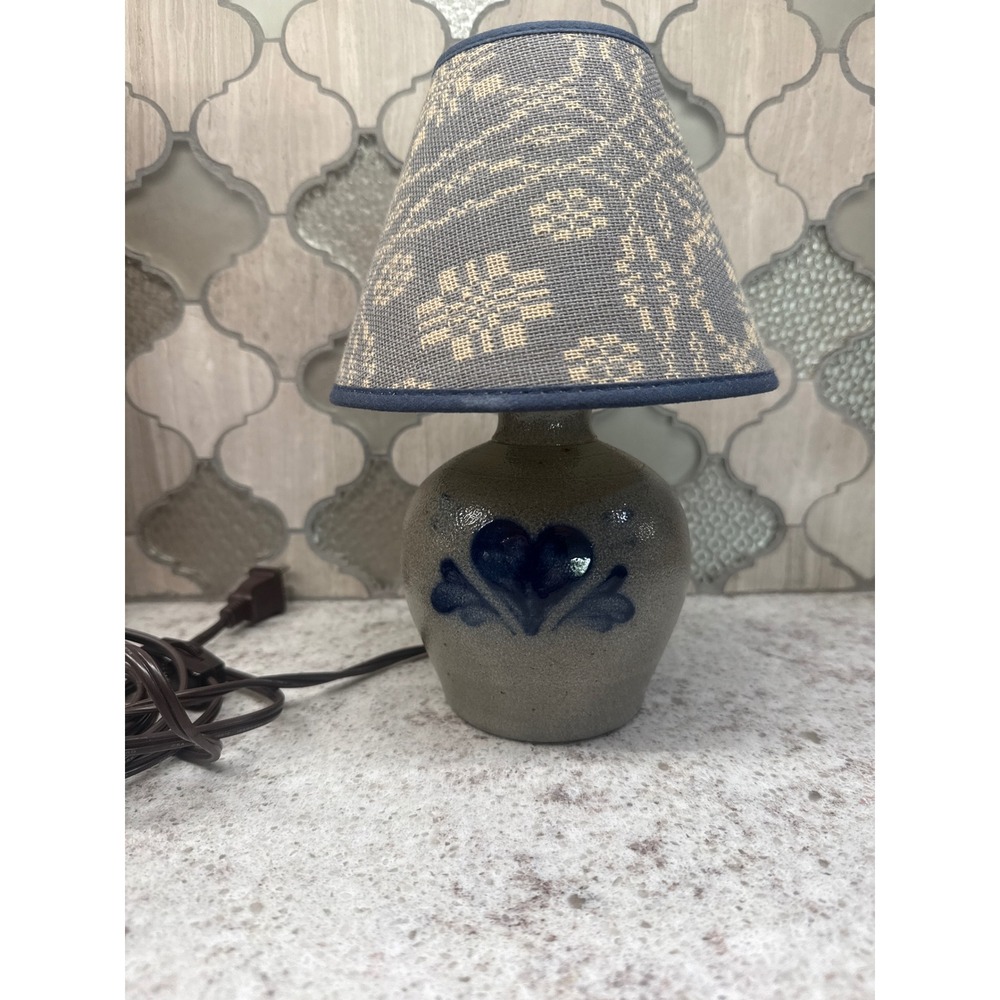 Rowe Pottery Works 1998 Salt Glaze Blue Heart Stoneware Accent Lamp with Shade